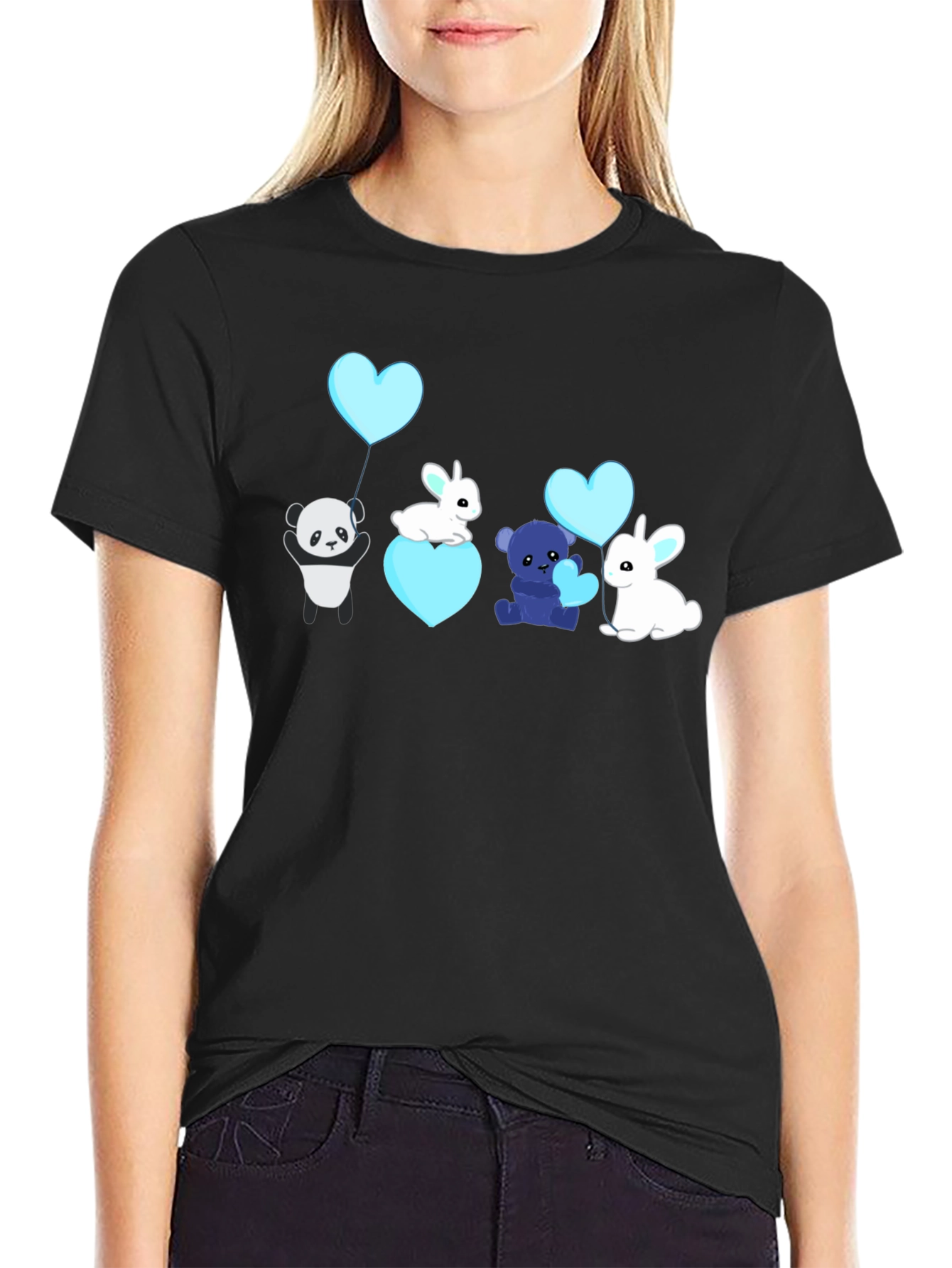 Cute Cartoon Animal Heart Balloon Black T-Shirt