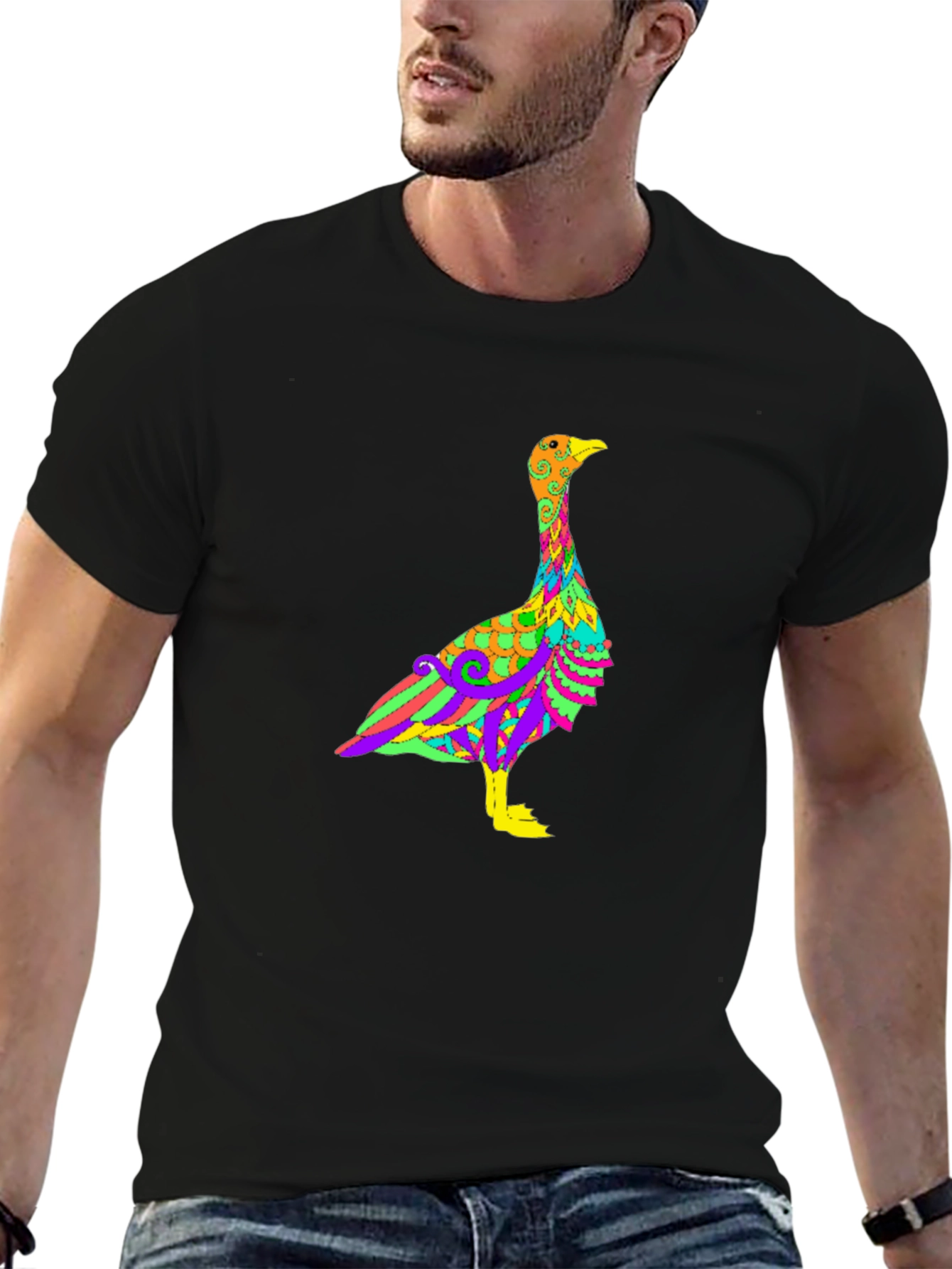 Psychedelic Goose Graphic Tee - Black Cotton Blend