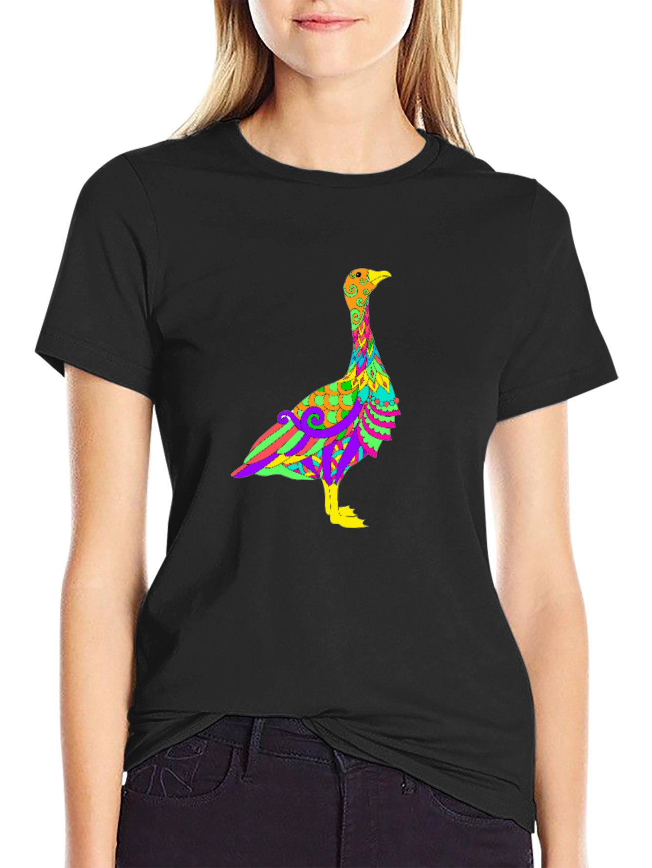 Psychedelic Goose Graphic Tee - Black Cotton Blend