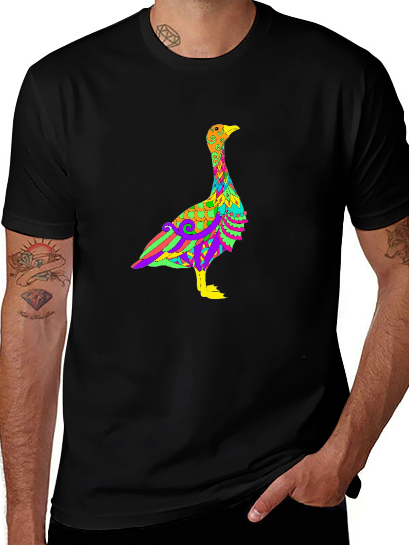 Psychedelic Goose Graphic Tee - Black Cotton Blend