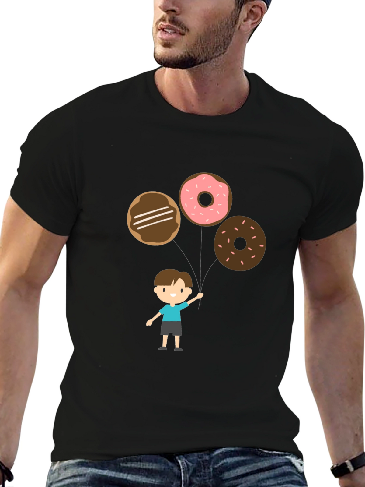 Cartoon Donut Balloon Graphic Tee - Black