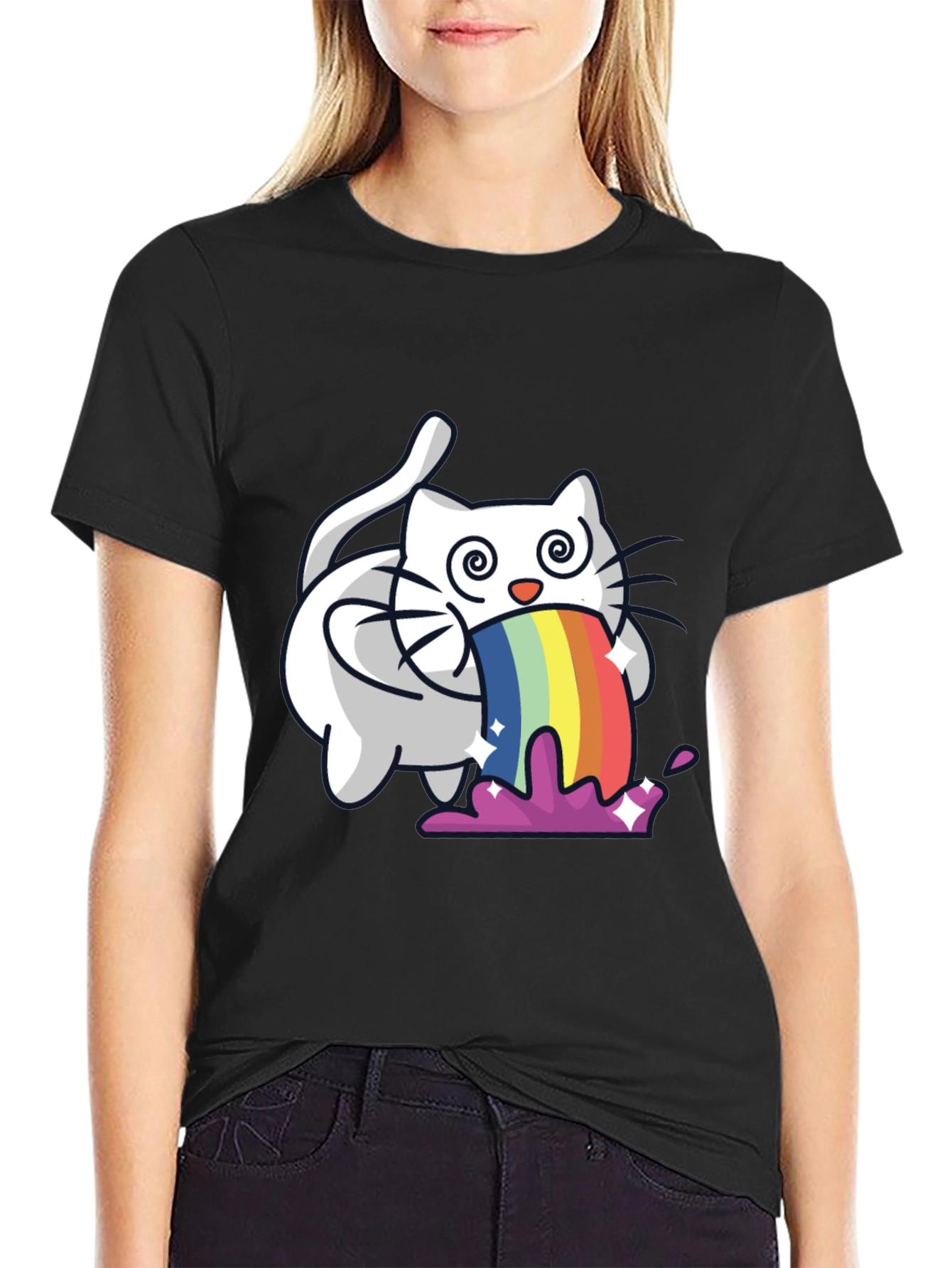 Rainbow Puking Cat T-Shirt - Funny Graphic Tee