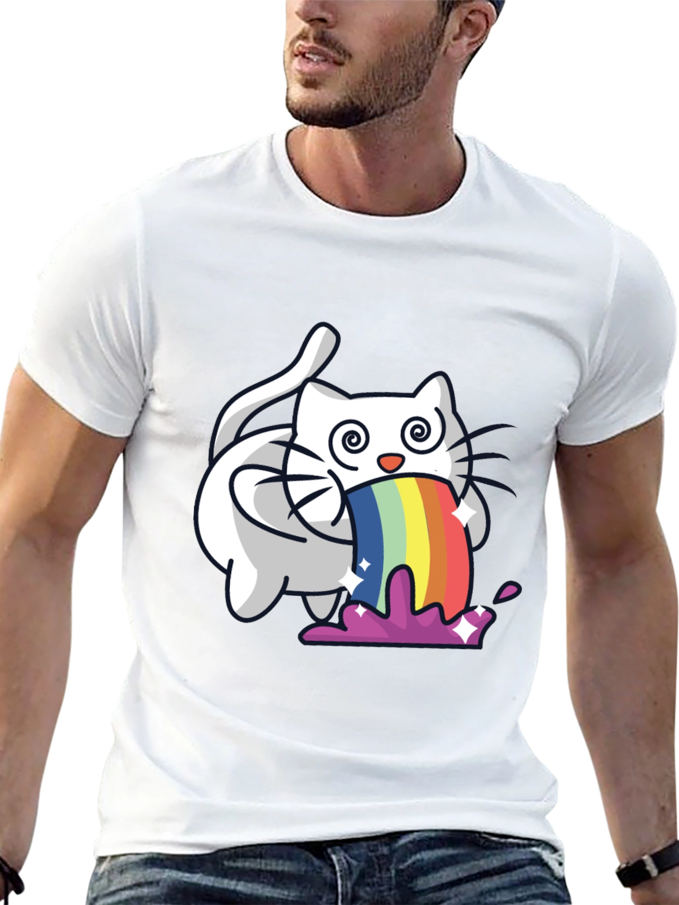 Rainbow Puking Cat T-Shirt - Funny Graphic Tee