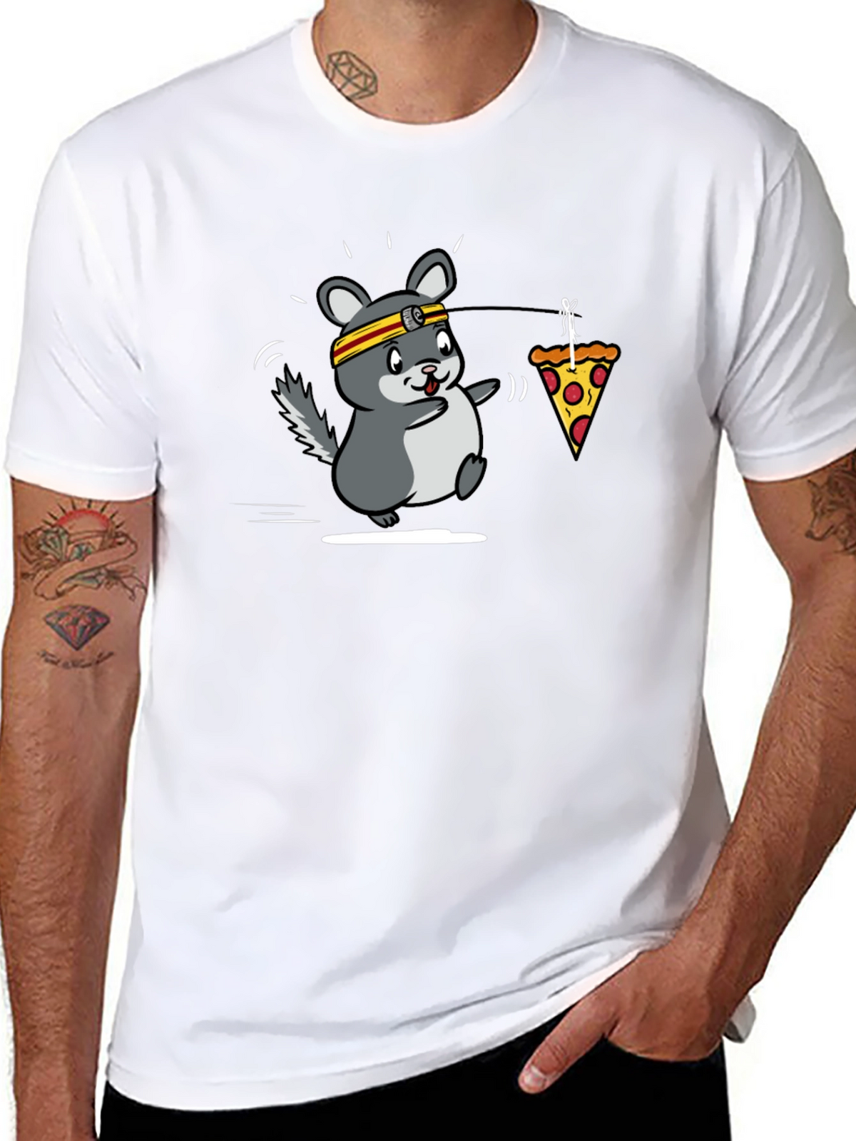 Funny Running Chinchilla Pizza Lover Black T-Shirt