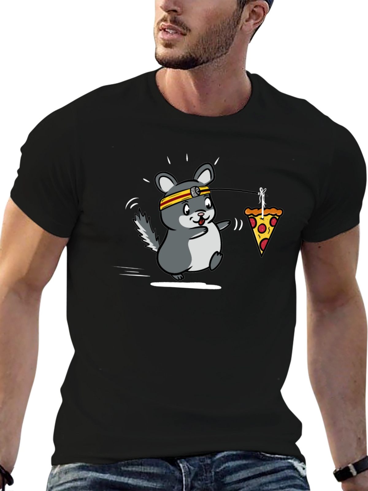 Funny Running Chinchilla Pizza Lover Black T-Shirt