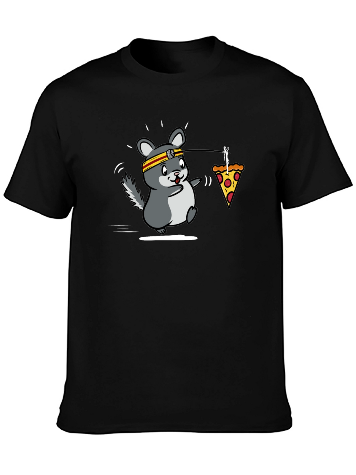 Funny Running Chinchilla Pizza Lover Black T-Shirt