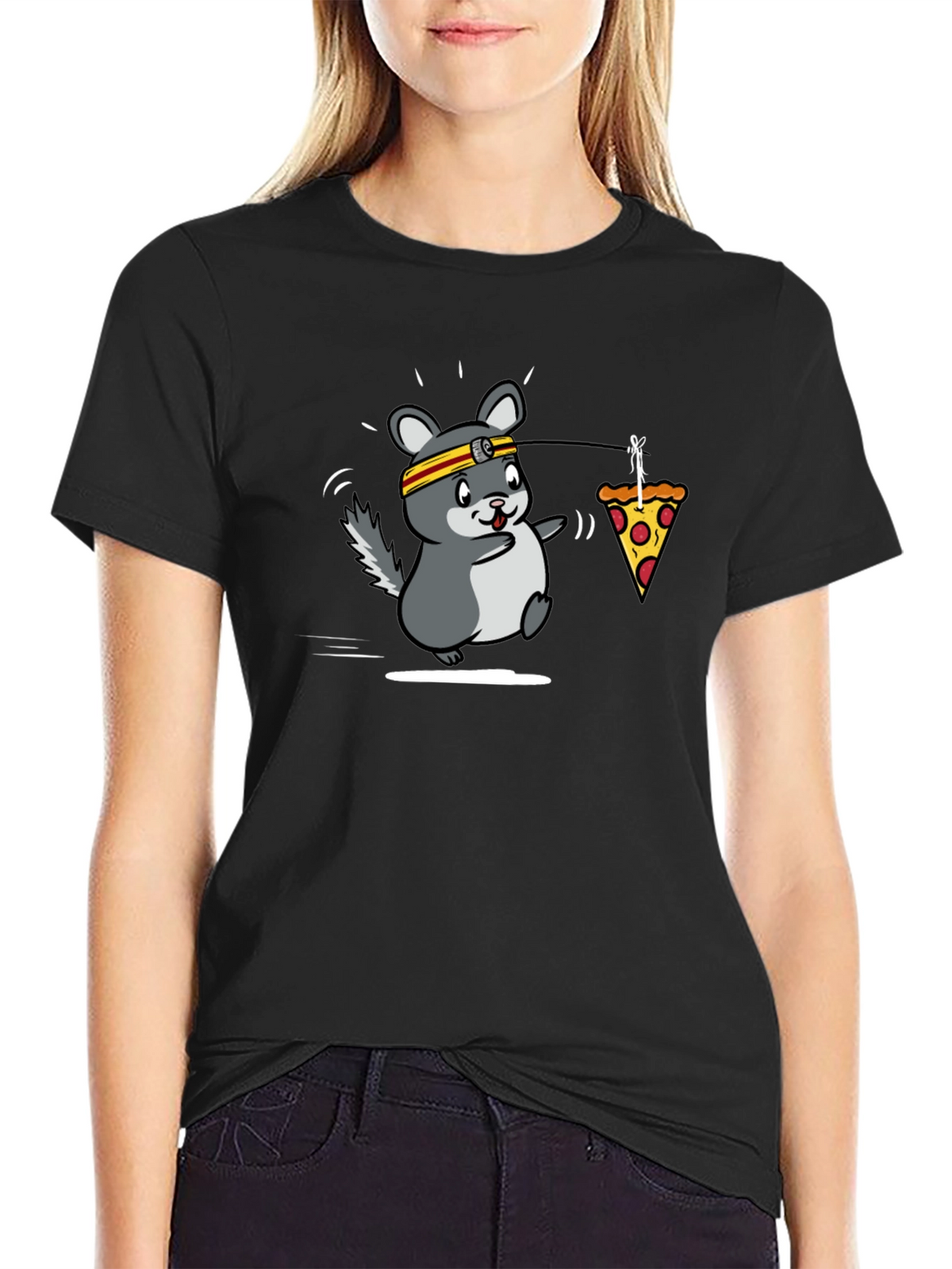 Funny Running Chinchilla Pizza Lover Black T-Shirt