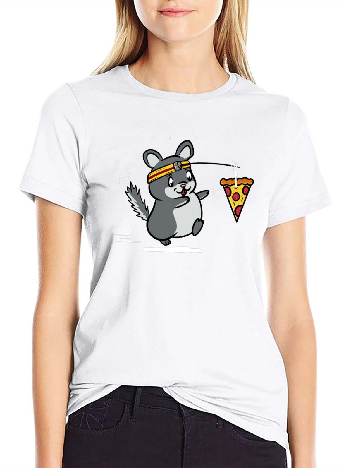 Funny Running Chinchilla Pizza Lover Black T-Shirt