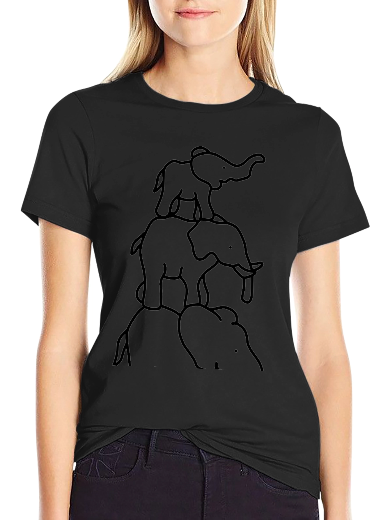 Elephant Stack Graphic Tee - Black Cotton T-Shirt