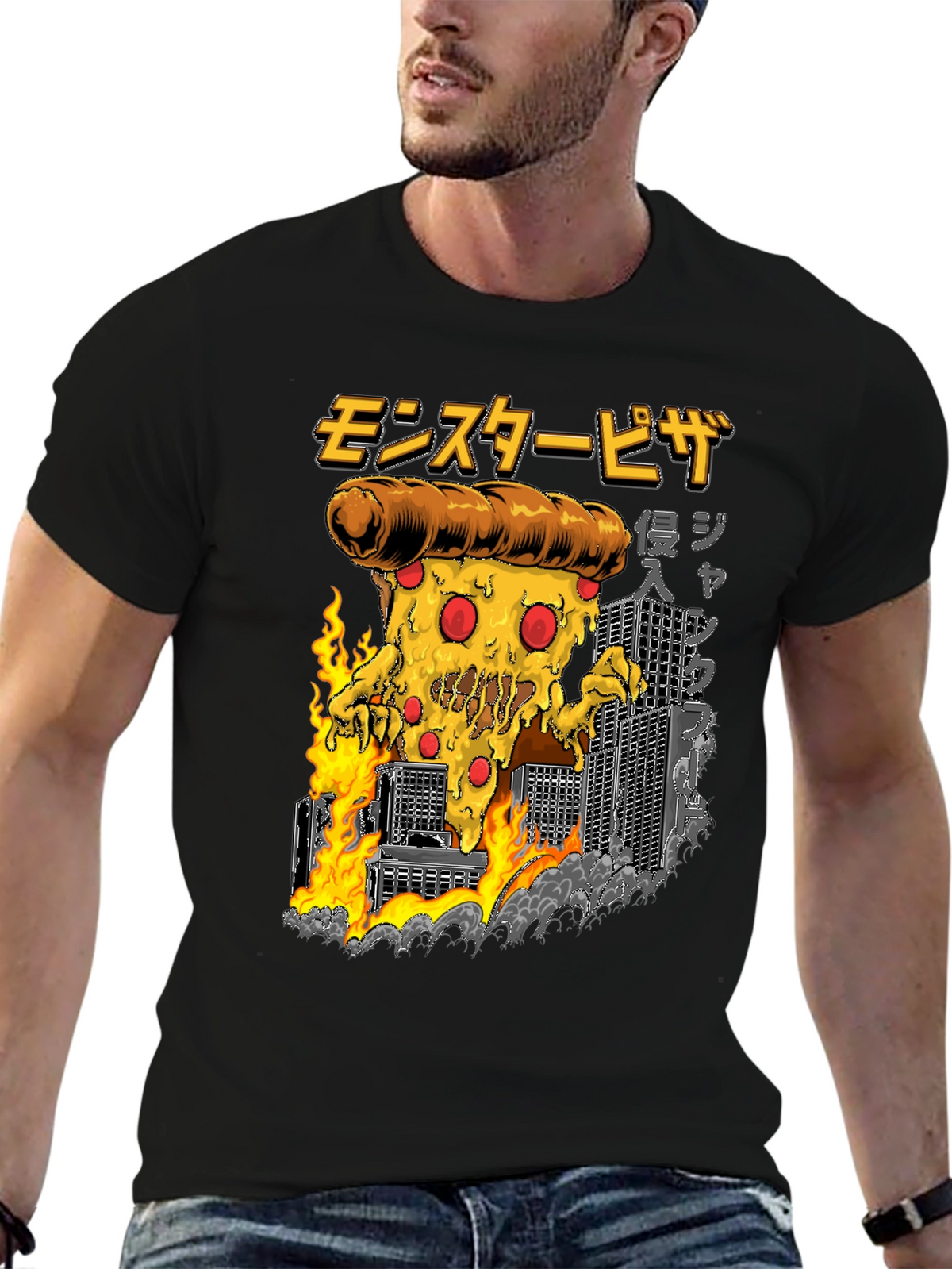 Monster Pizza Graphic Tee - Black Cotton T-Shirt