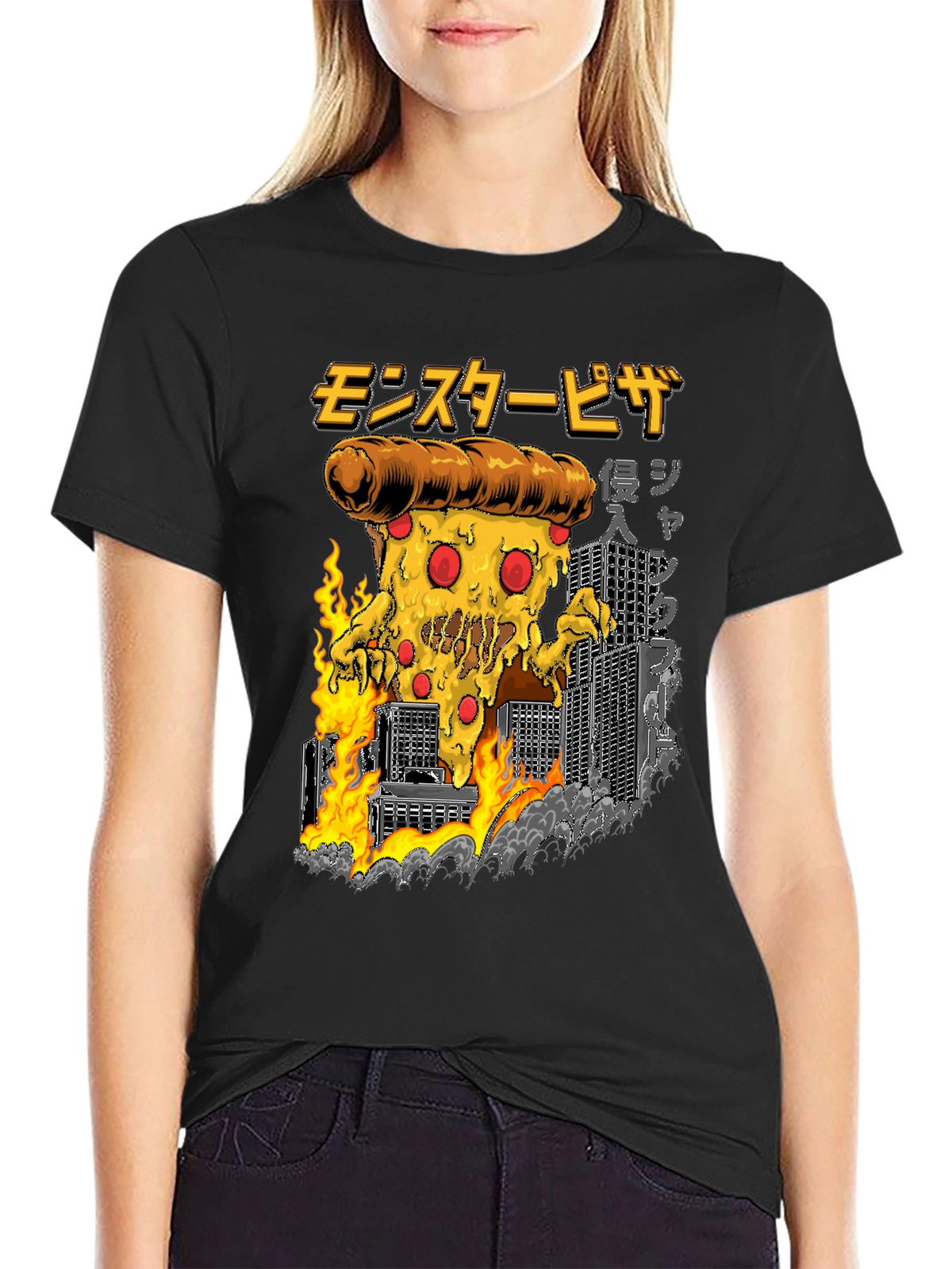Monster Pizza Graphic Tee - Black Cotton T-Shirt