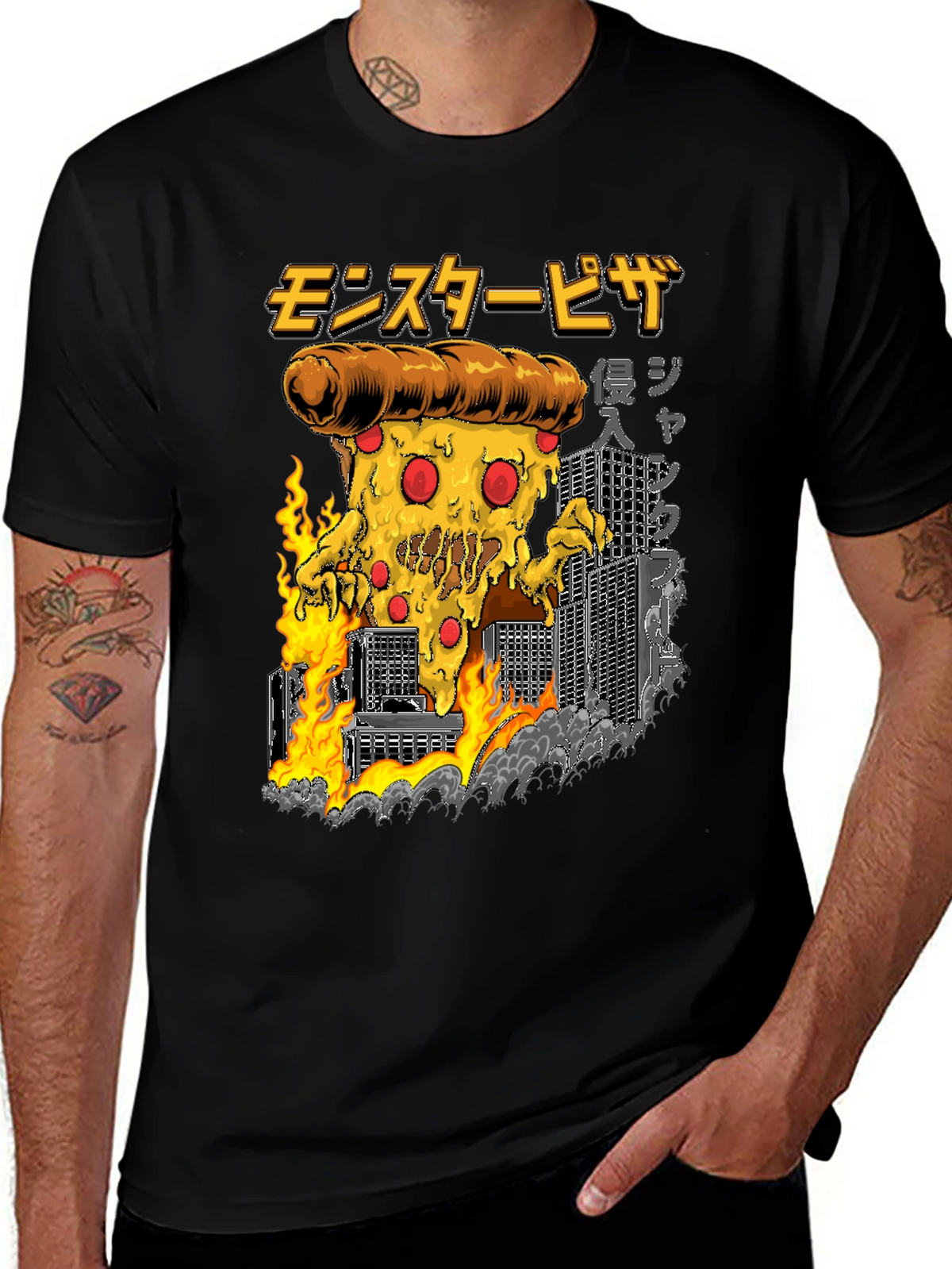 Monster Pizza Graphic Tee - Black Cotton T-Shirt