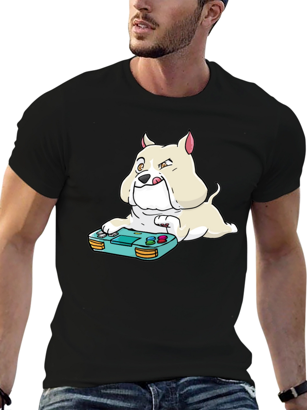 Gamer Dog Graphic Tee - Black Cotton Blend T-Shirt