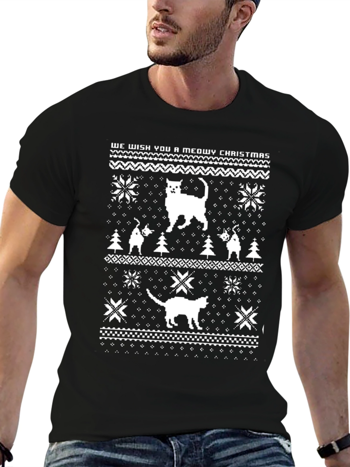 Meowy Christmas Cat Sweater Graphic Tee