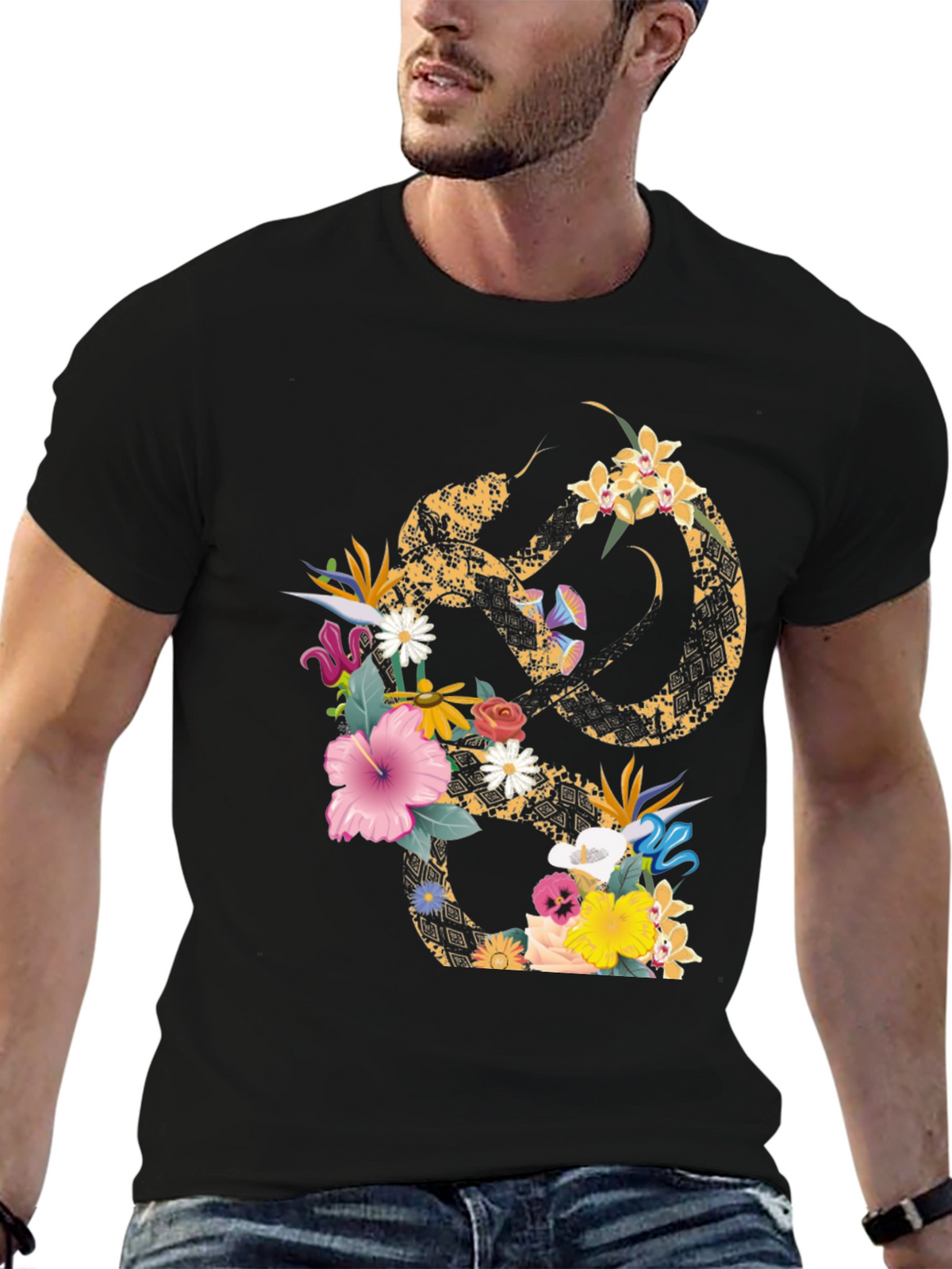 Floral Snake Graphic T-Shirt - Stylish Mens Tee