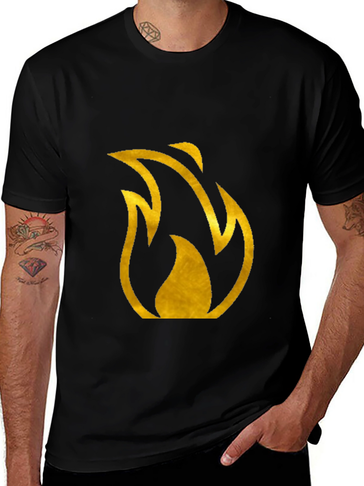 Mens Black T-Shirt with Gold Flame Design