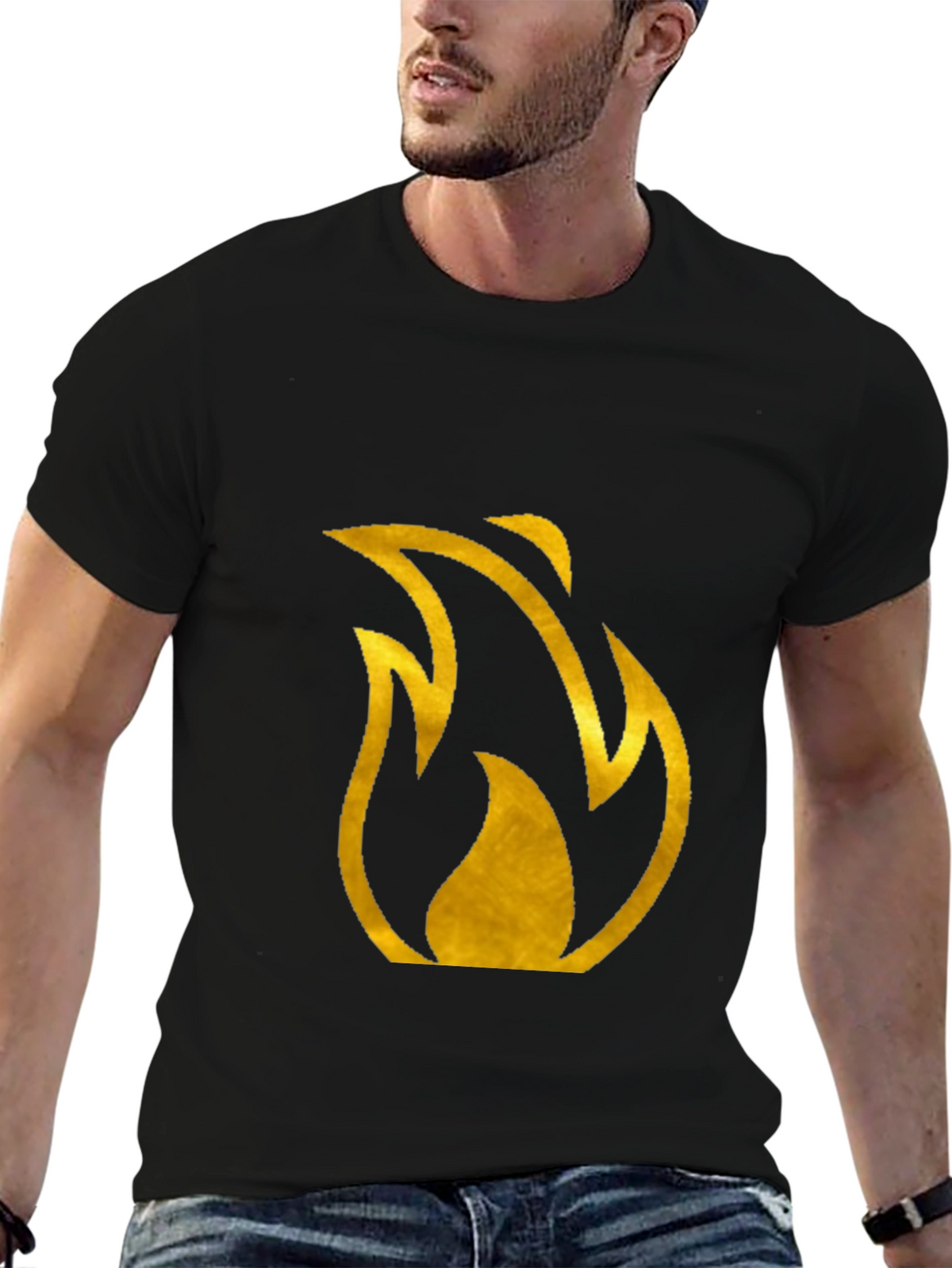 Mens Black T-Shirt with Gold Flame Design