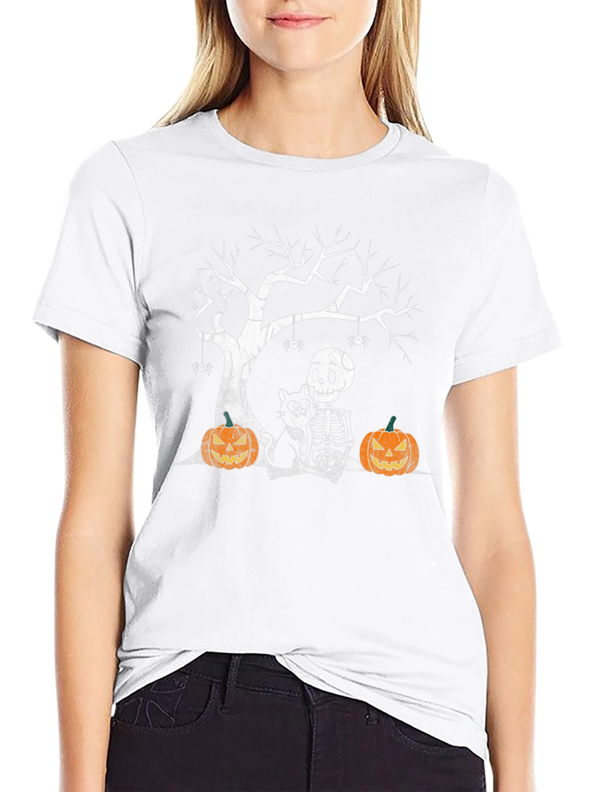 Halloween Skeleton Cat & Pumpkin T-Shirt
