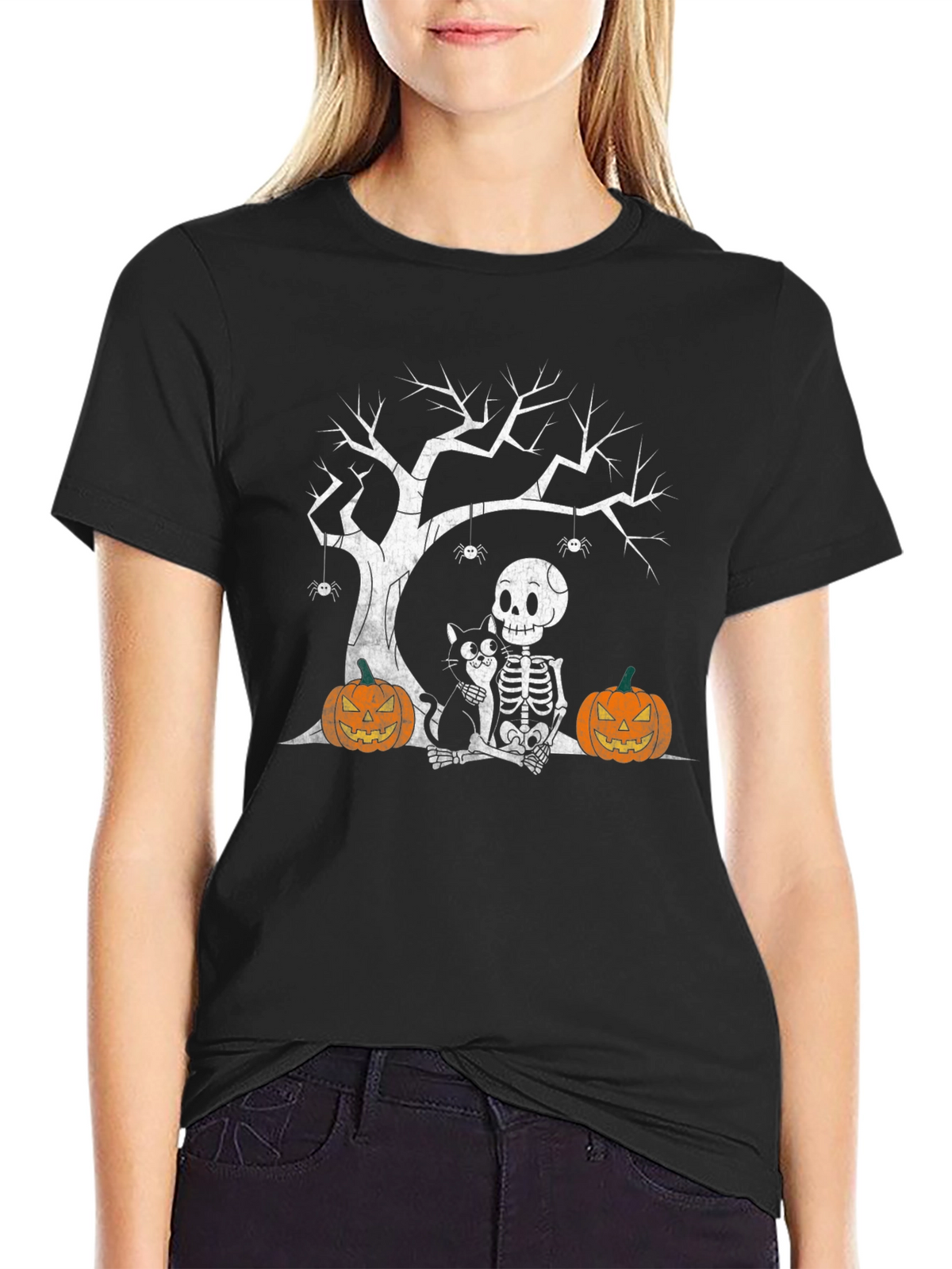 Halloween Skeleton Cat & Pumpkin T-Shirt