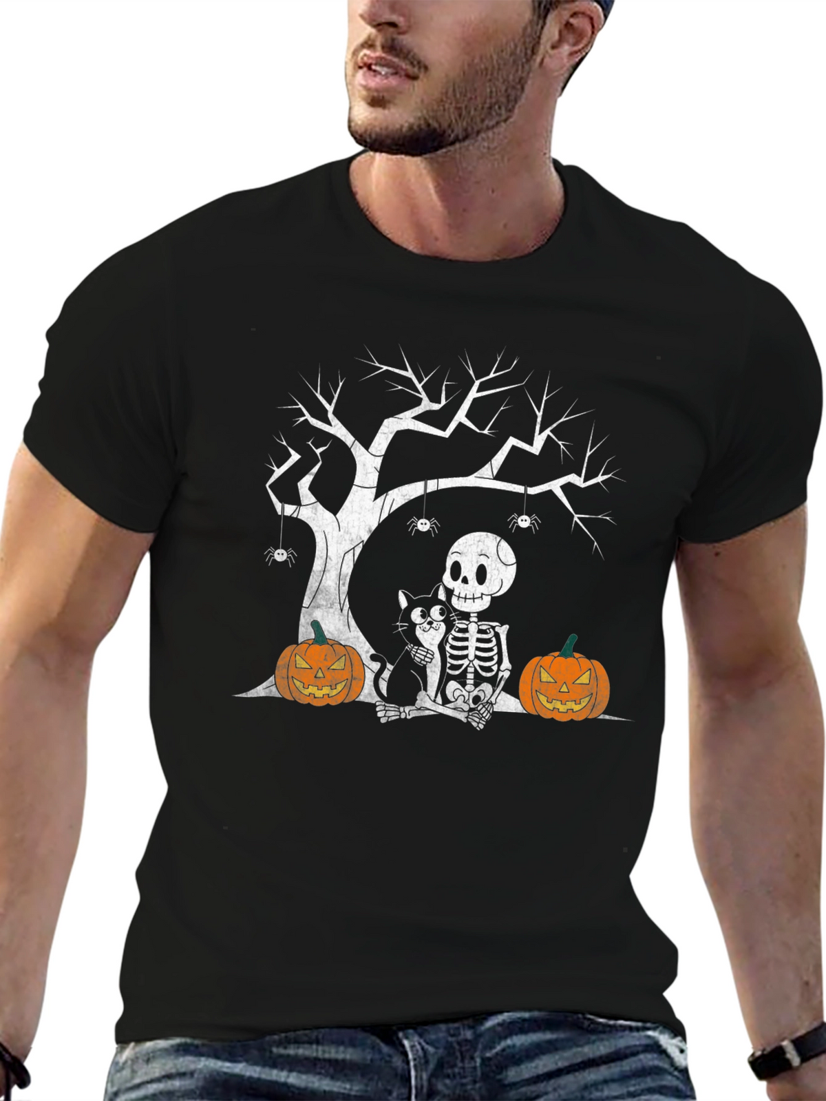 Halloween Skeleton Cat & Pumpkin T-Shirt