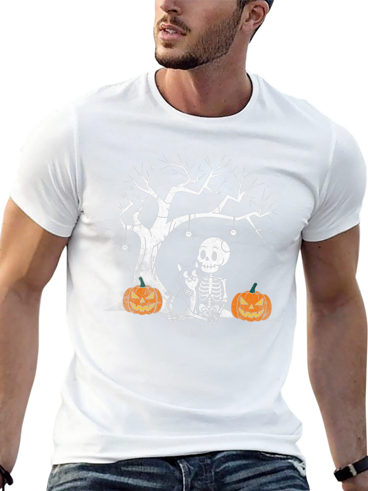 Halloween Skeleton Cat & Pumpkin T-Shirt