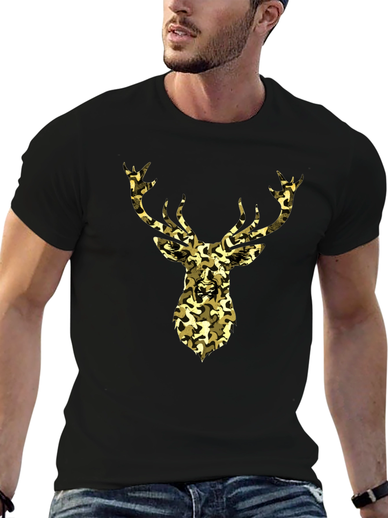 Camo Deer Graphic Tee - Black Cotton Casual Shirt