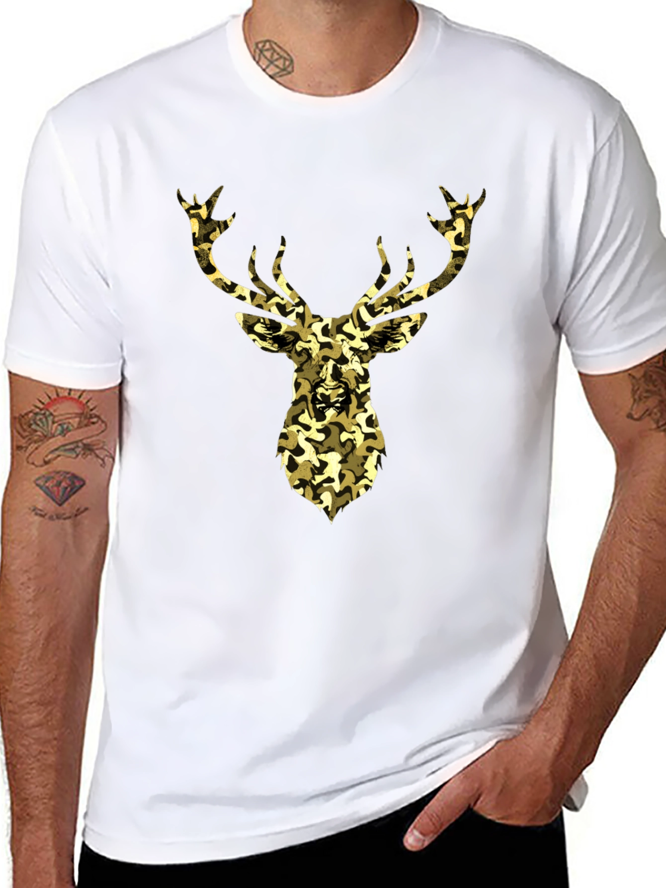 Camo Deer Graphic Tee - Black Cotton Casual Shirt