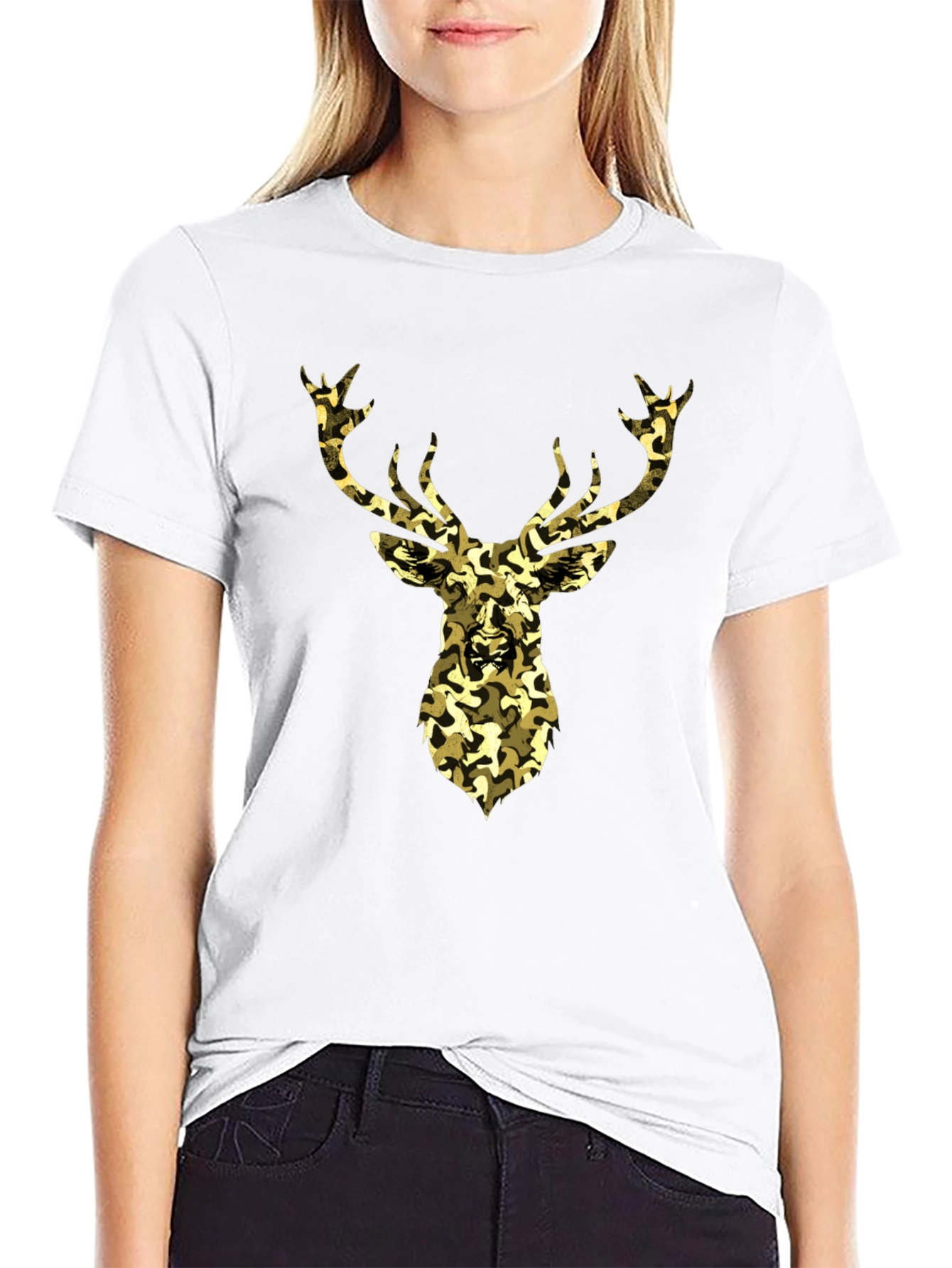 Camo Deer Graphic Tee - Black Cotton Casual Shirt