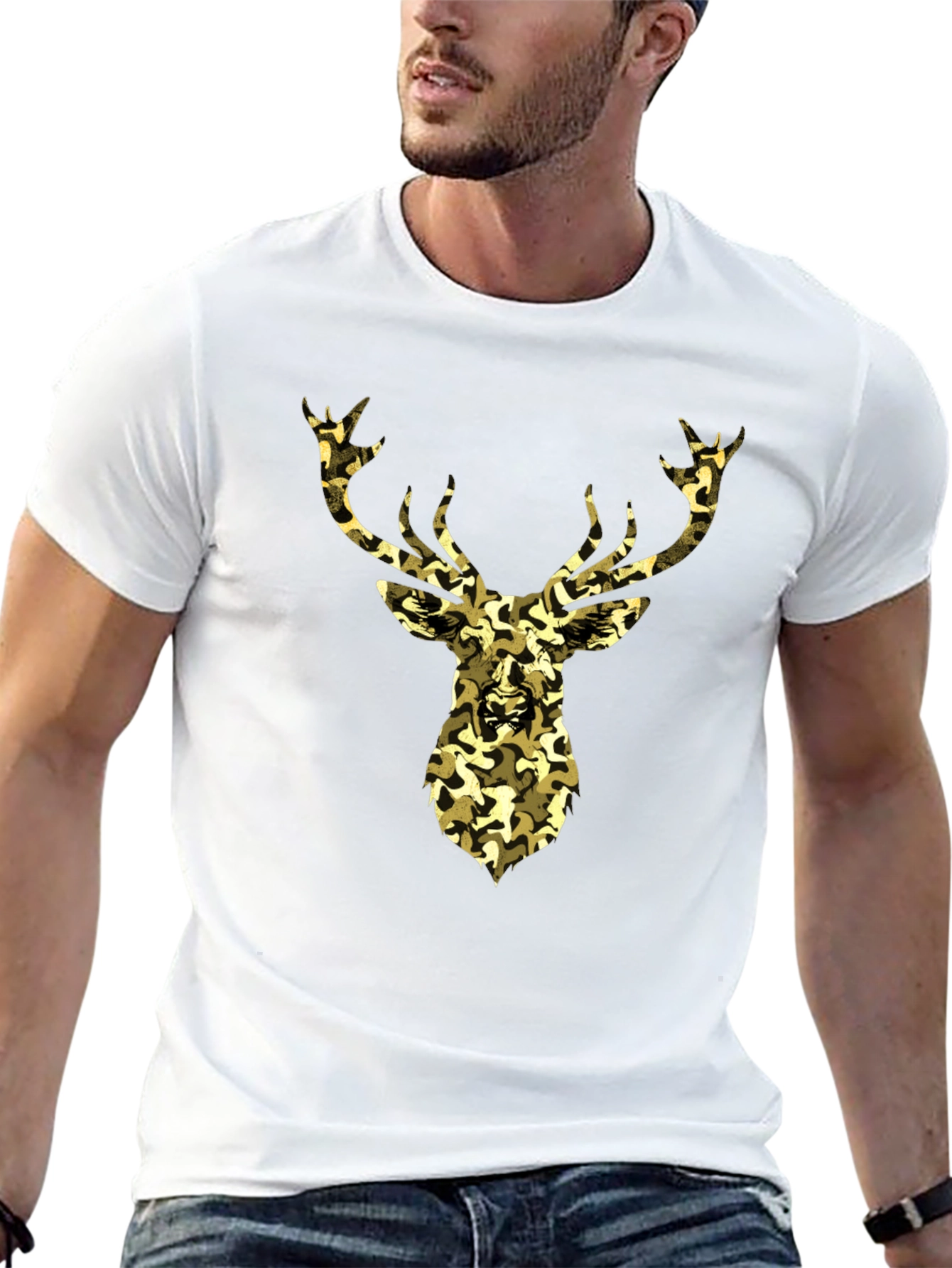 Camo Deer Graphic Tee - Black Cotton Casual Shirt