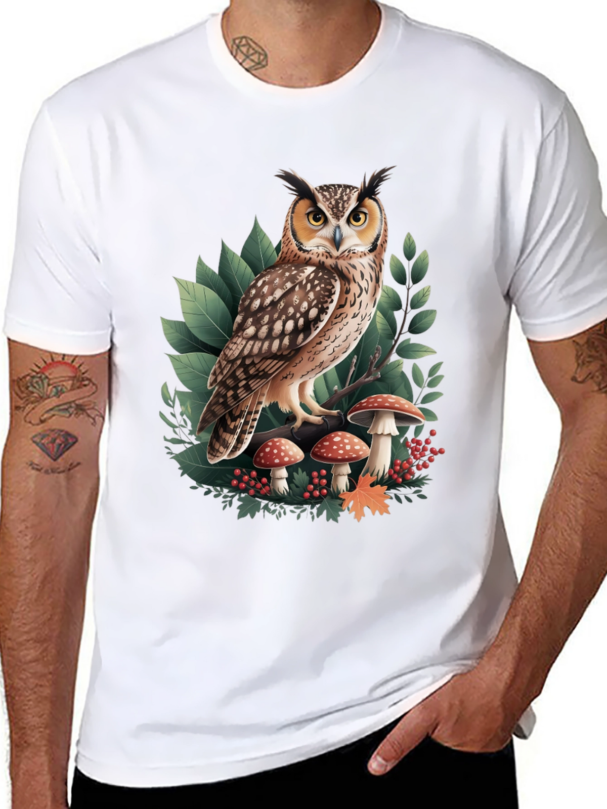 Owl & Mushroom Graphic Tee - Nature Lovers T-Shirt