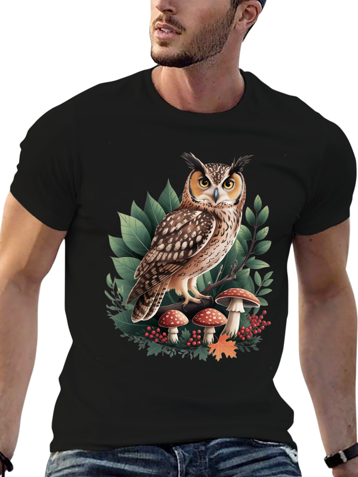 Owl & Mushroom Graphic Tee - Nature Lovers T-Shirt