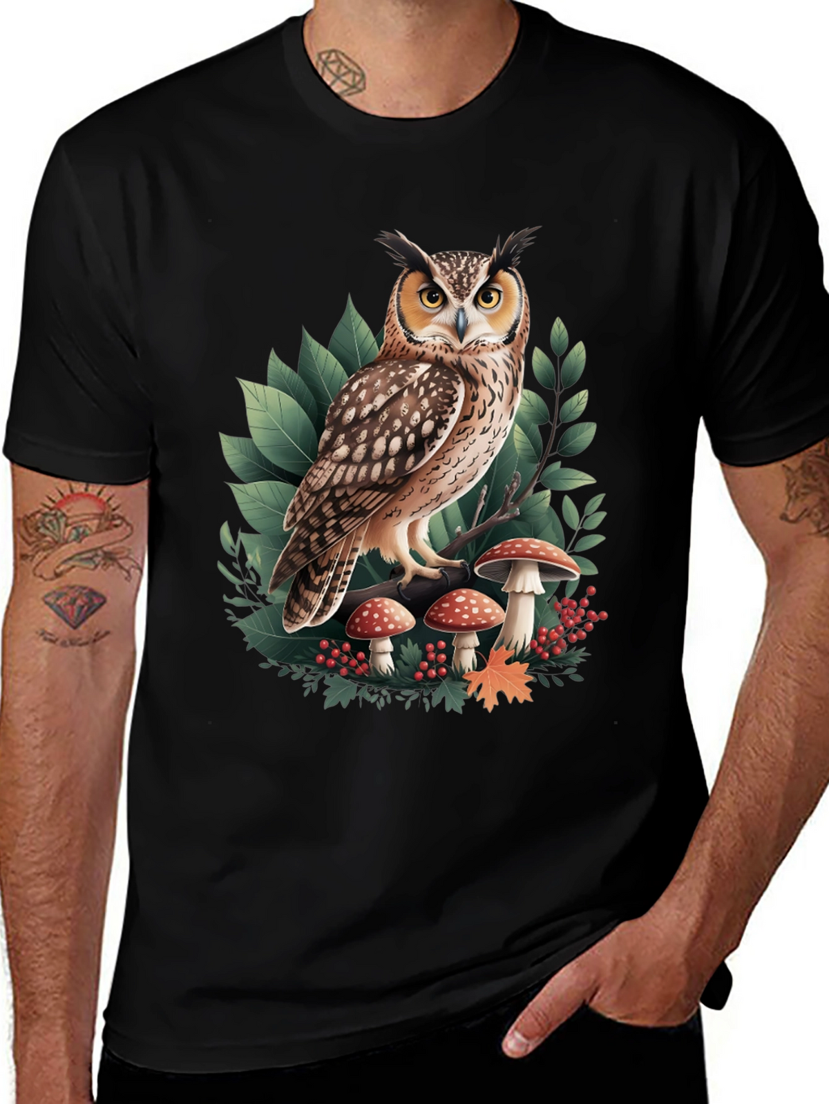 Owl & Mushroom Graphic Tee - Nature Lovers T-Shirt