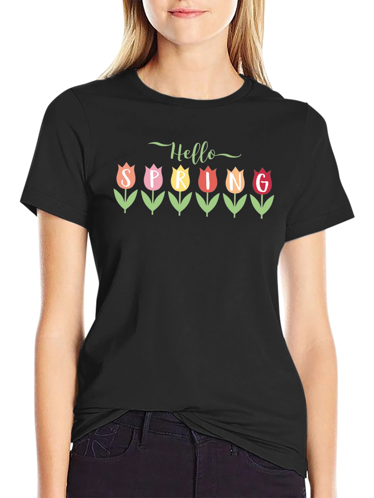 Hello Spring Tulip Graphic Tee - Black