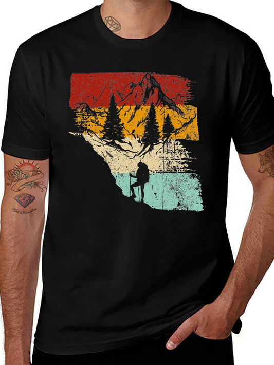 Retro Mountain Hiker Graphic Tee - Nature Adventure Shirt