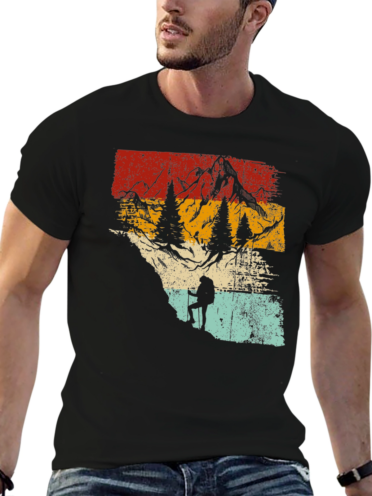 Retro Mountain Hiker Graphic Tee - Nature Adventure Shirt