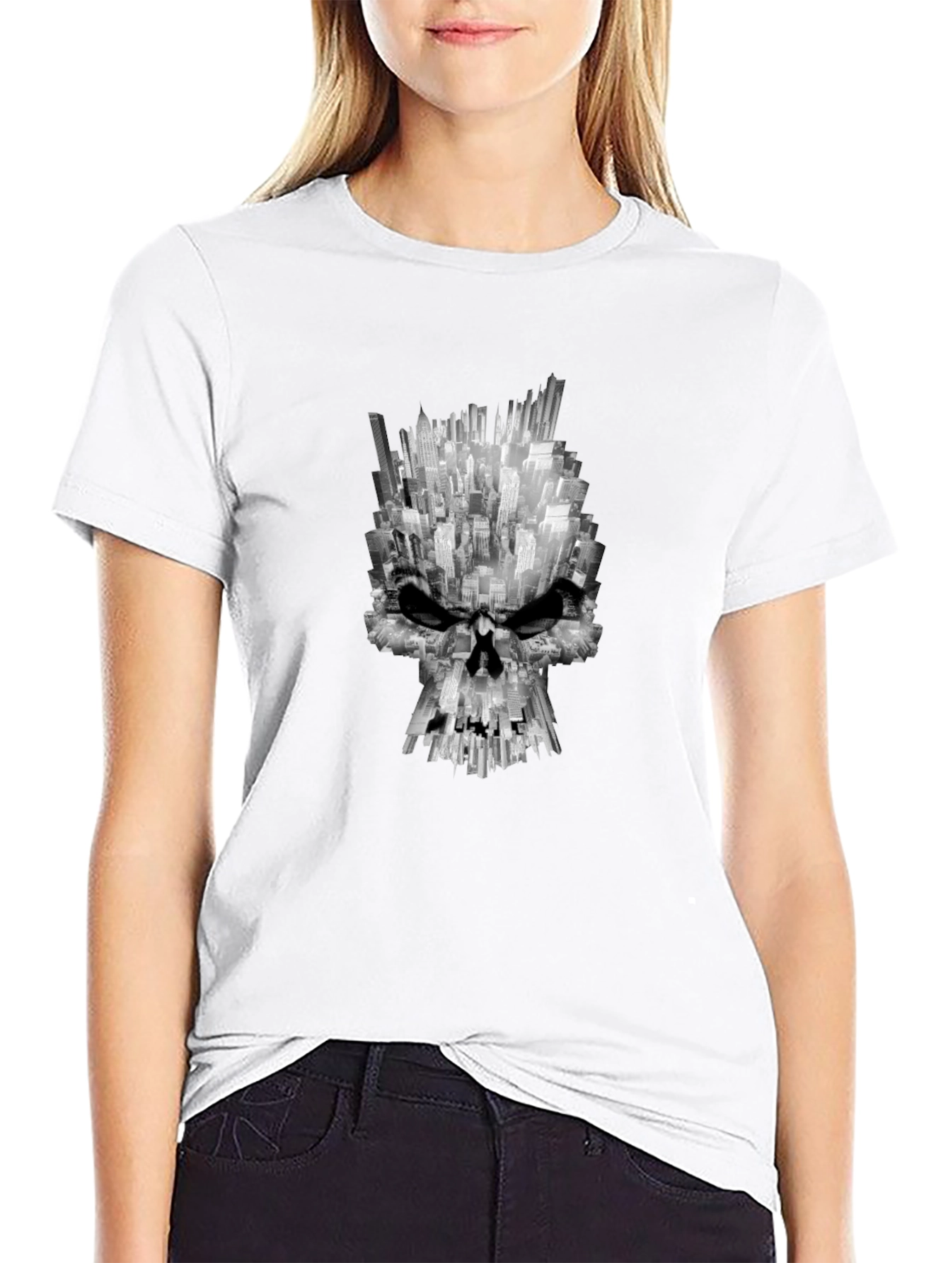City Skull Graphic Tee - Black Cotton T-Shirt