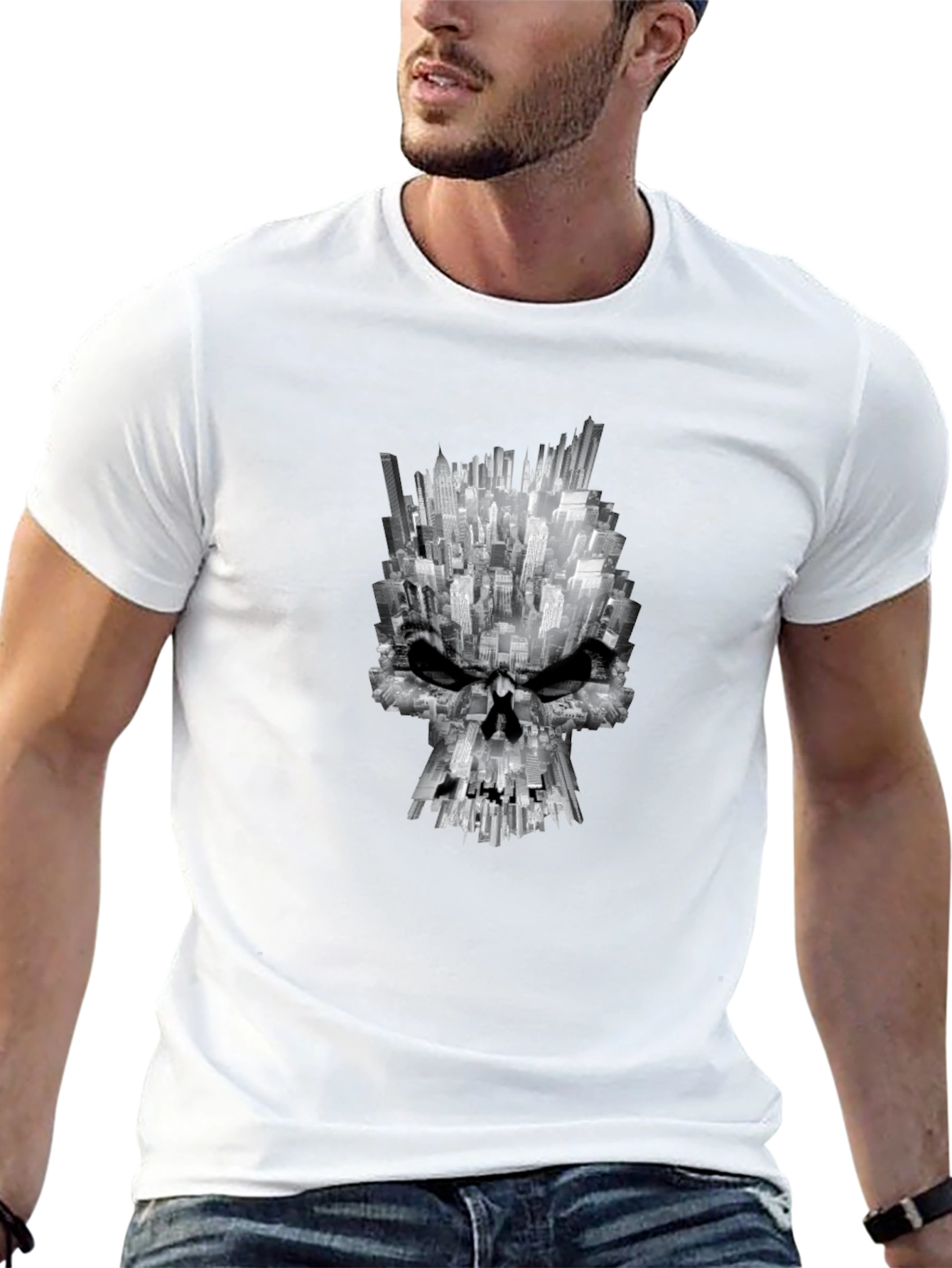 City Skull Graphic Tee - Black Cotton T-Shirt