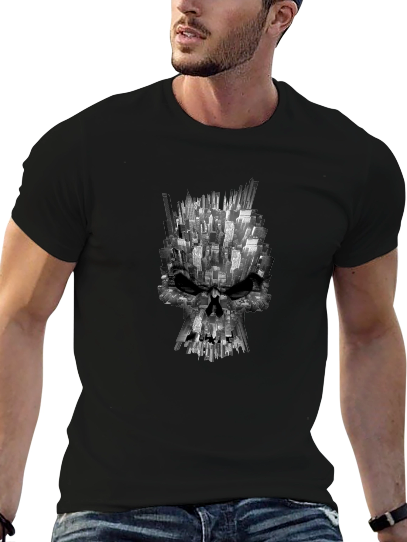 City Skull Graphic Tee - Black Cotton T-Shirt