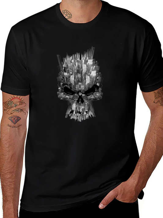 City Skull Graphic Tee - Black Cotton T-Shirt