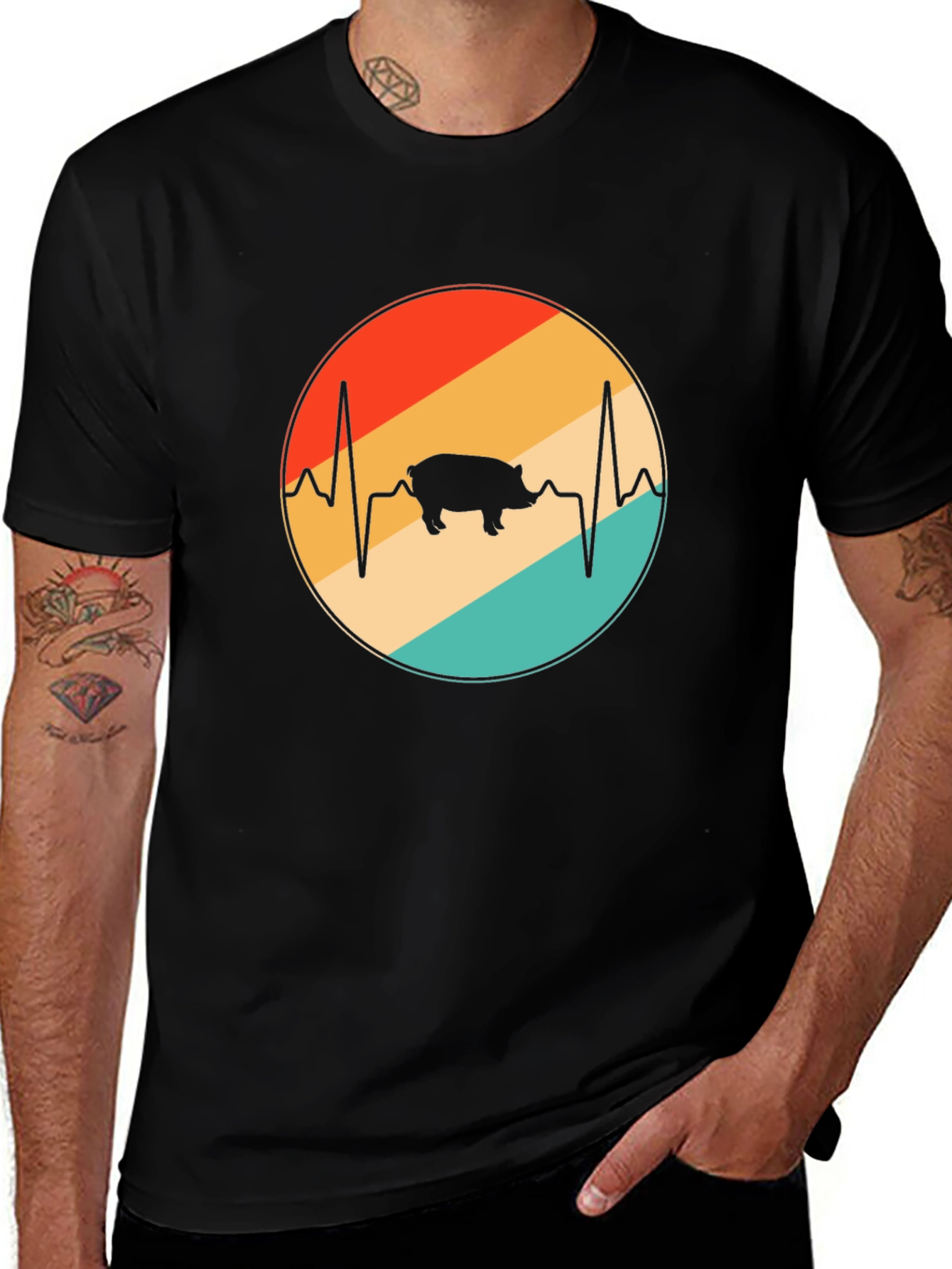 Retro Pig Heartbeat Graphic T-Shirt