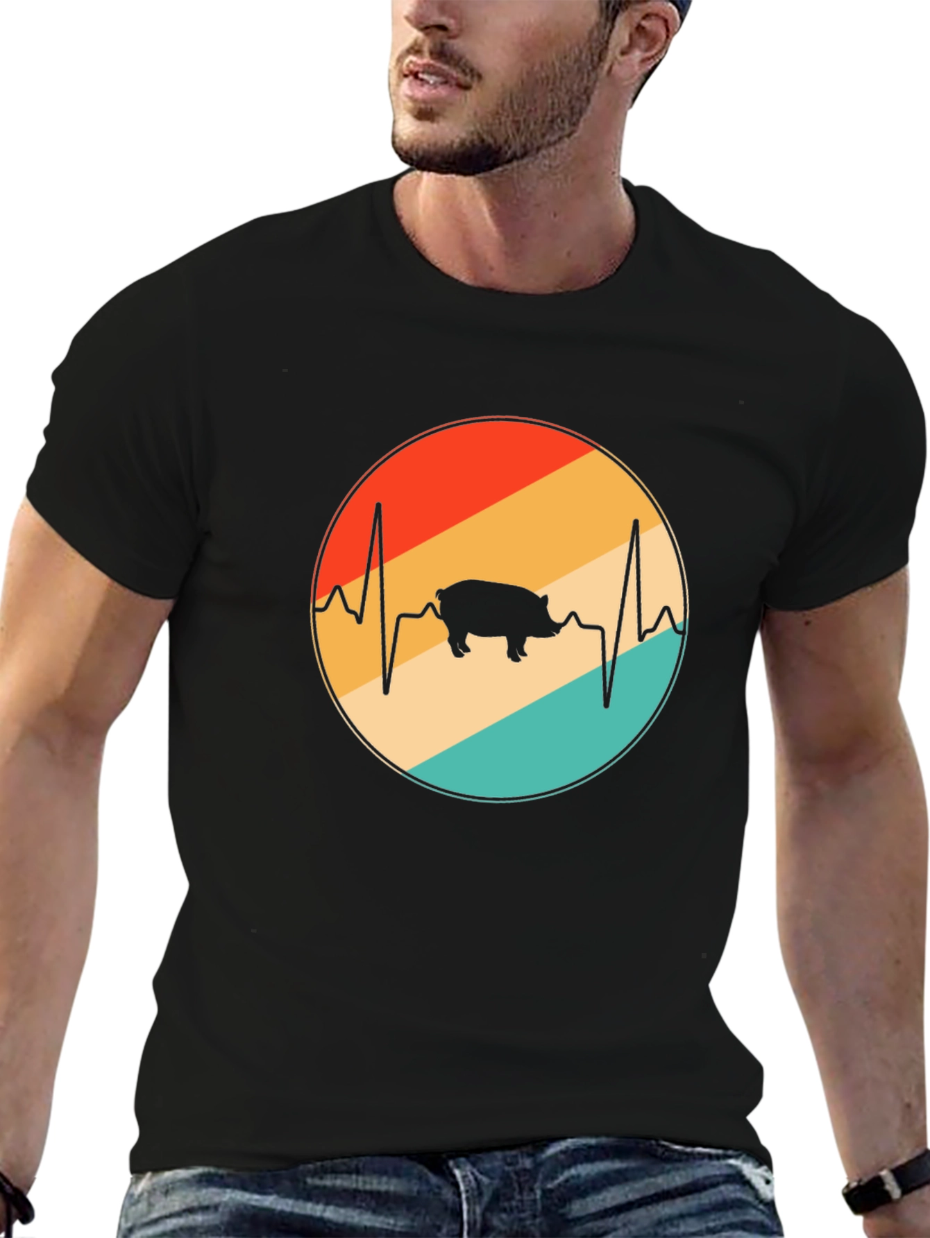 Retro Pig Heartbeat Graphic T-Shirt
