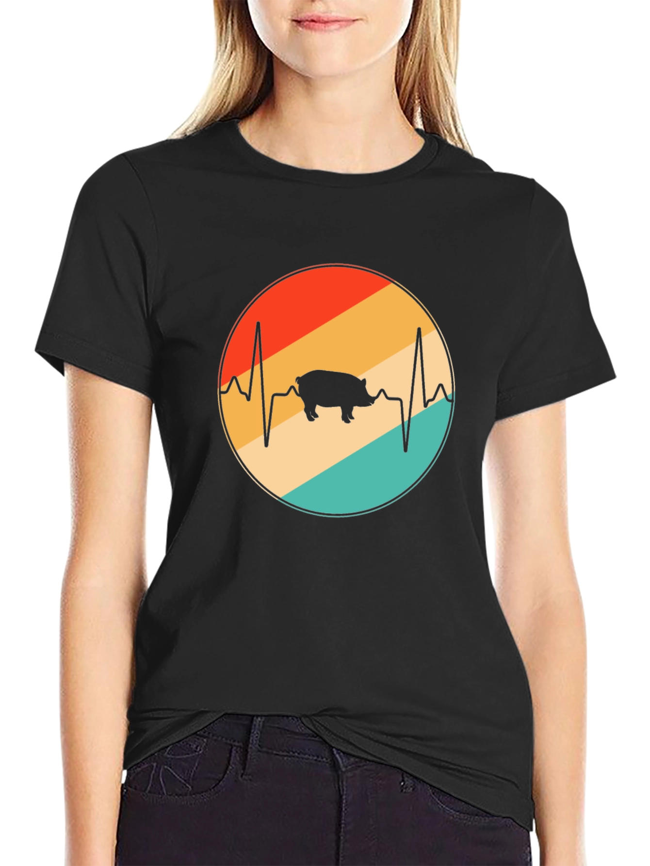 Retro Pig Heartbeat Graphic T-Shirt