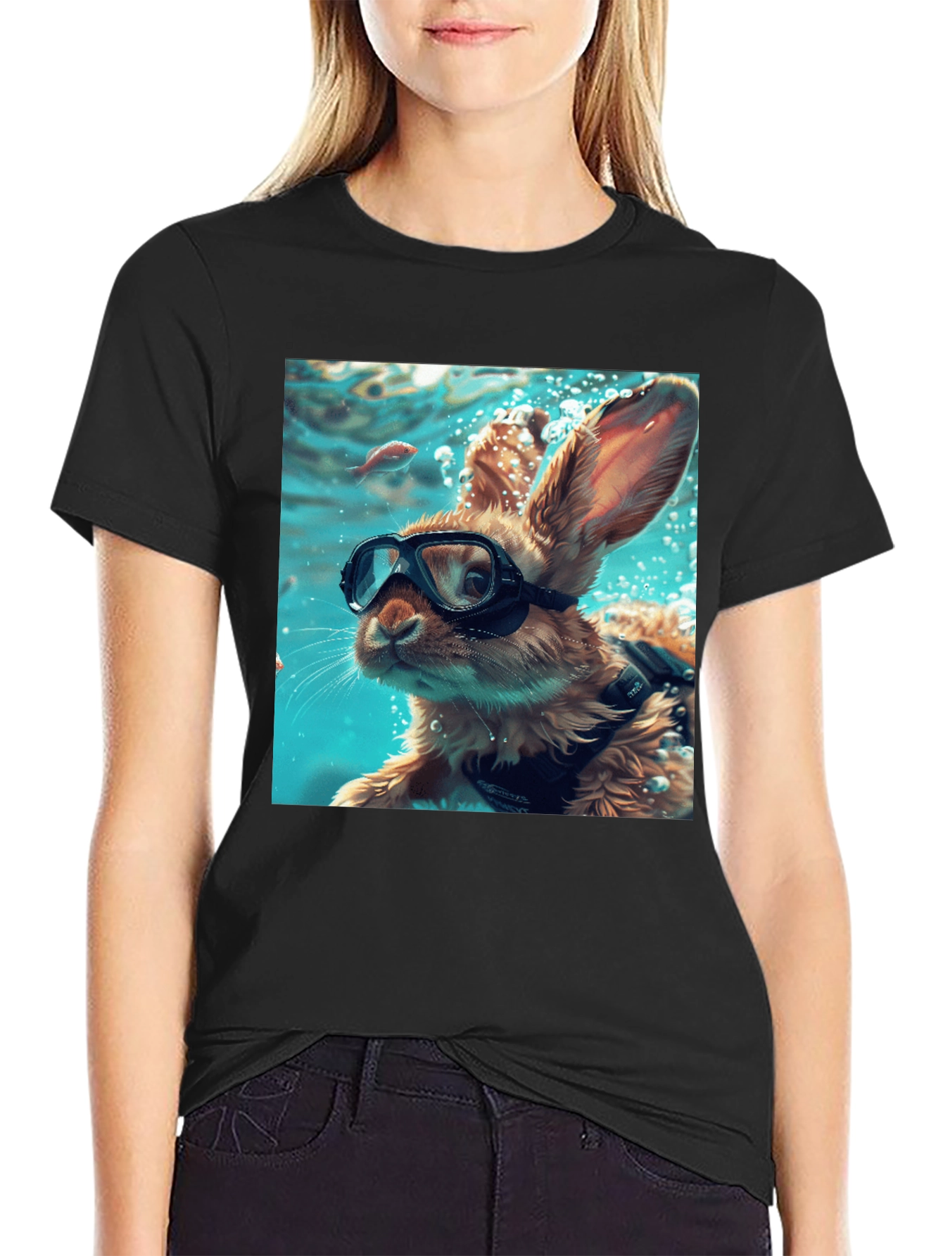 Diving Bunny Graphic Tee - Unique Black T-Shirt
