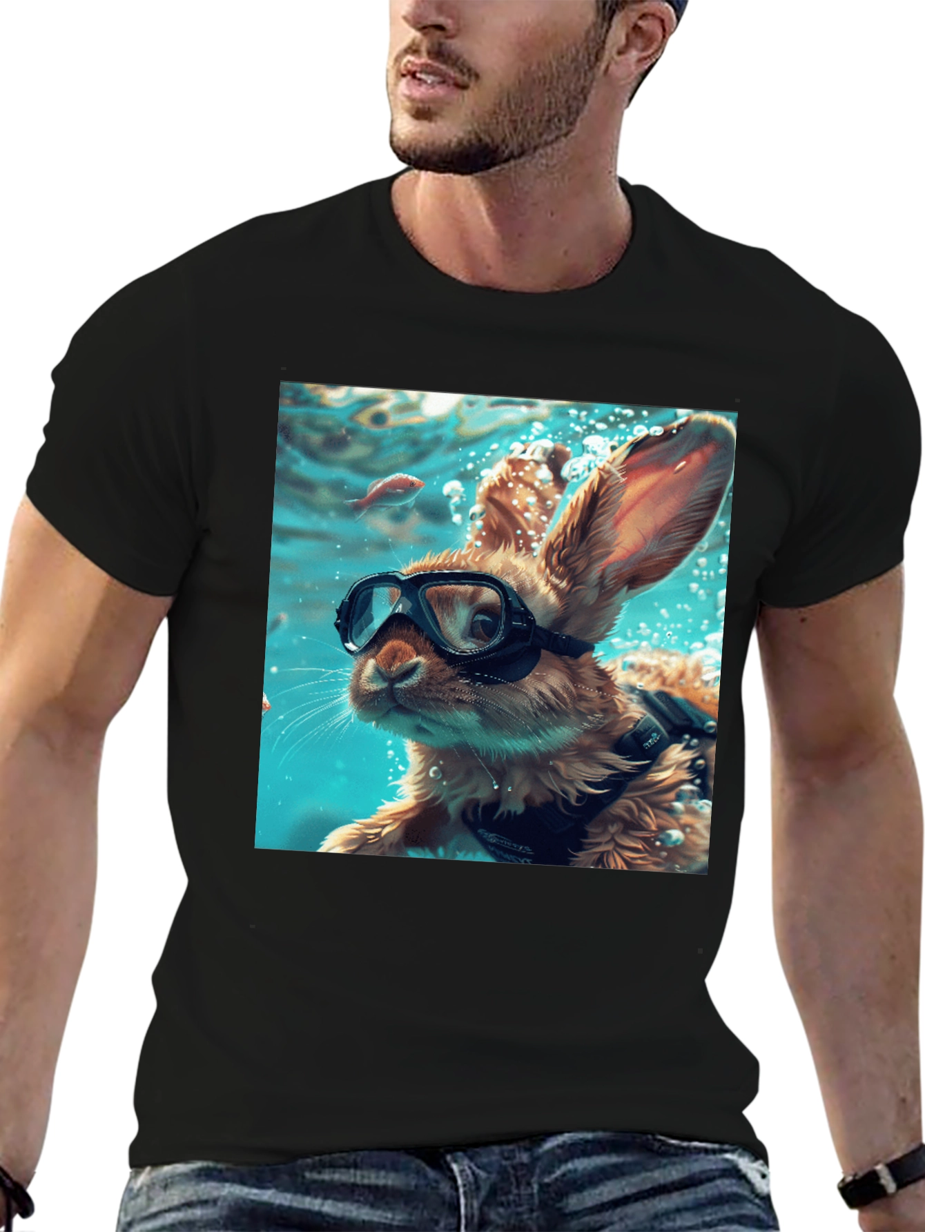 Diving Bunny Graphic Tee - Unique Black T-Shirt