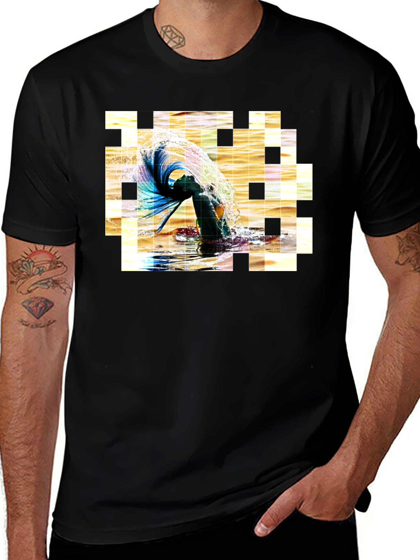 Artistic Pixelated Water Splash Black T-shirt