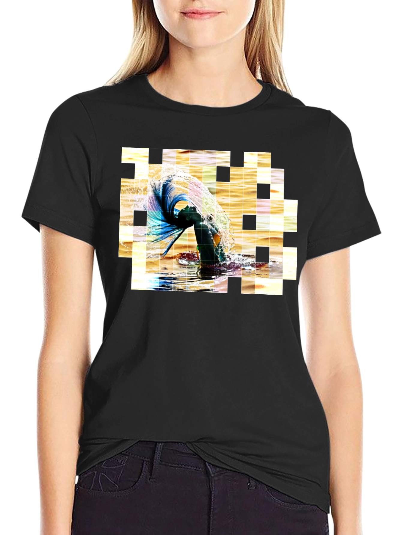 Artistic Pixelated Water Splash Black T-shirt