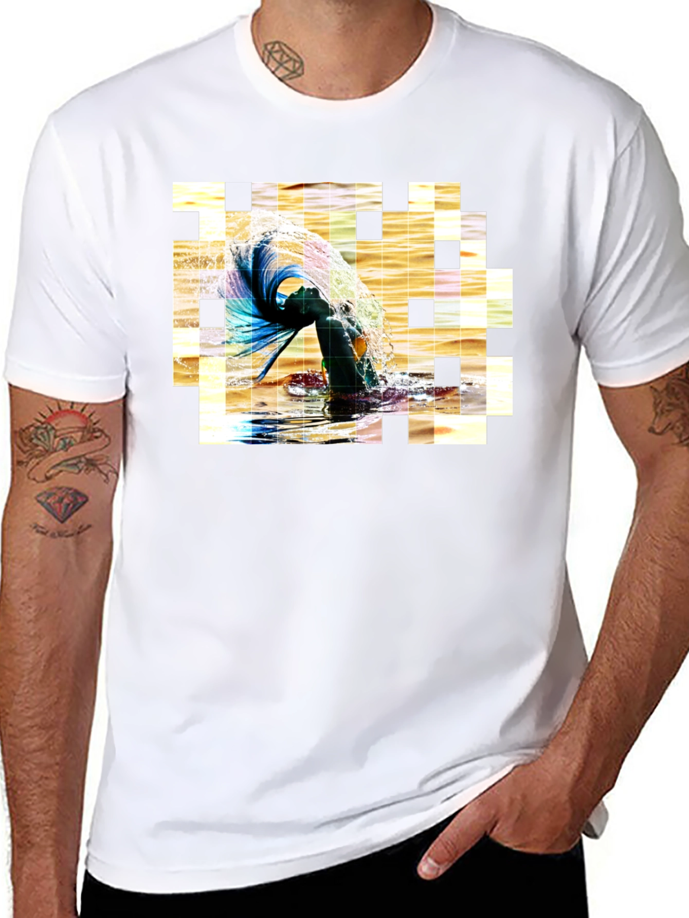 Artistic Pixelated Water Splash Black T-shirt