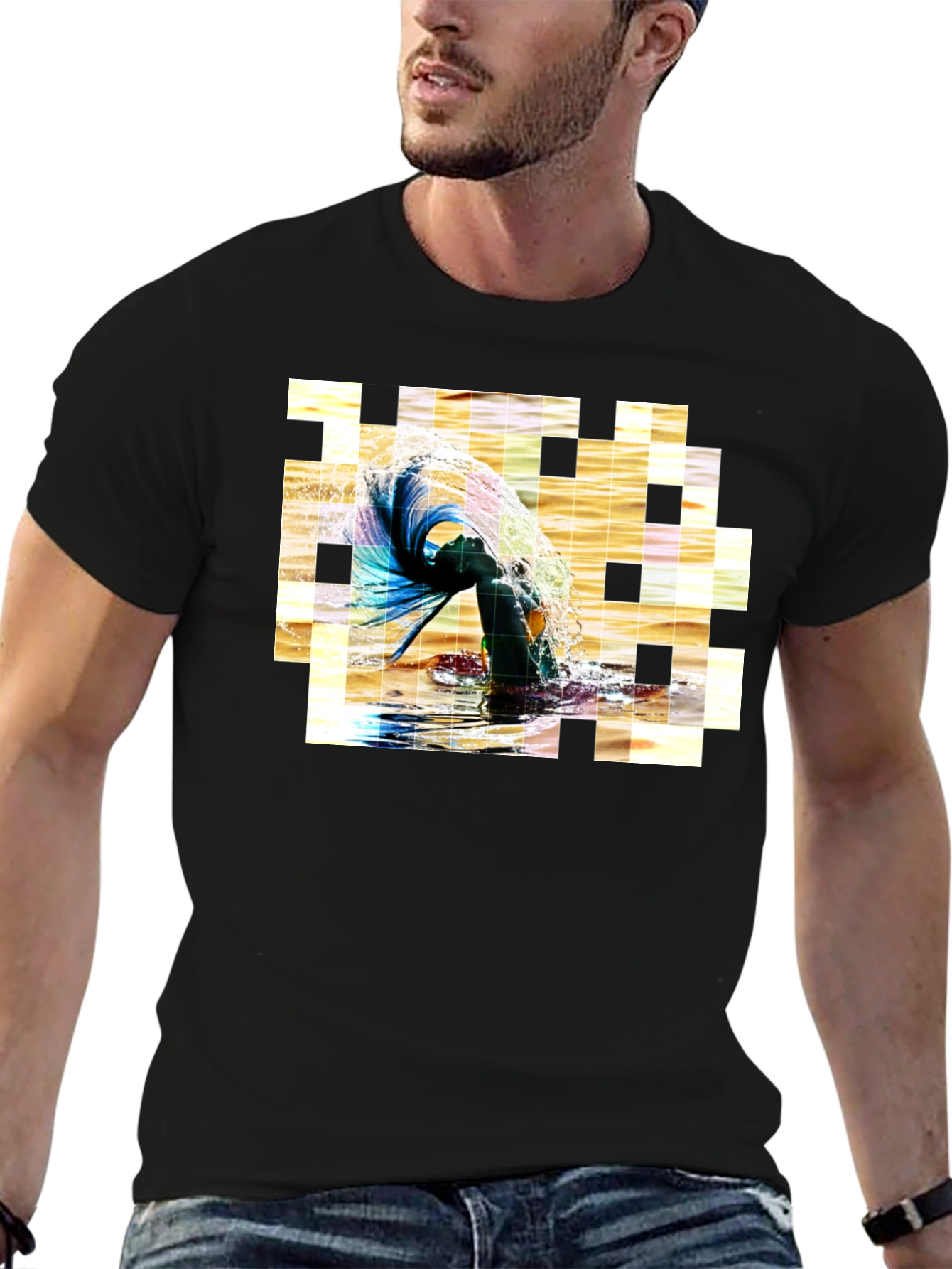Artistic Pixelated Water Splash Black T-shirt