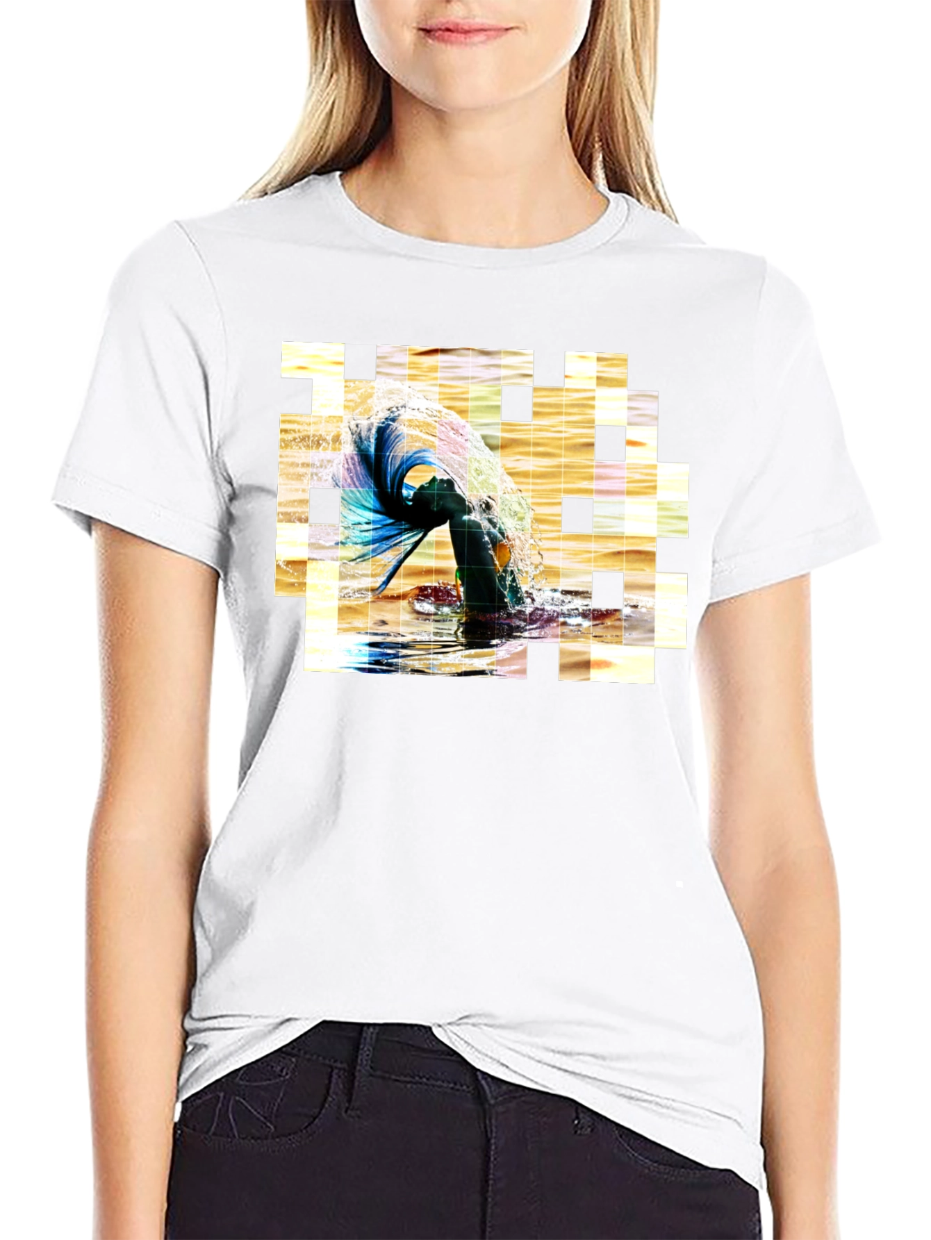 Artistic Pixelated Water Splash Black T-shirt