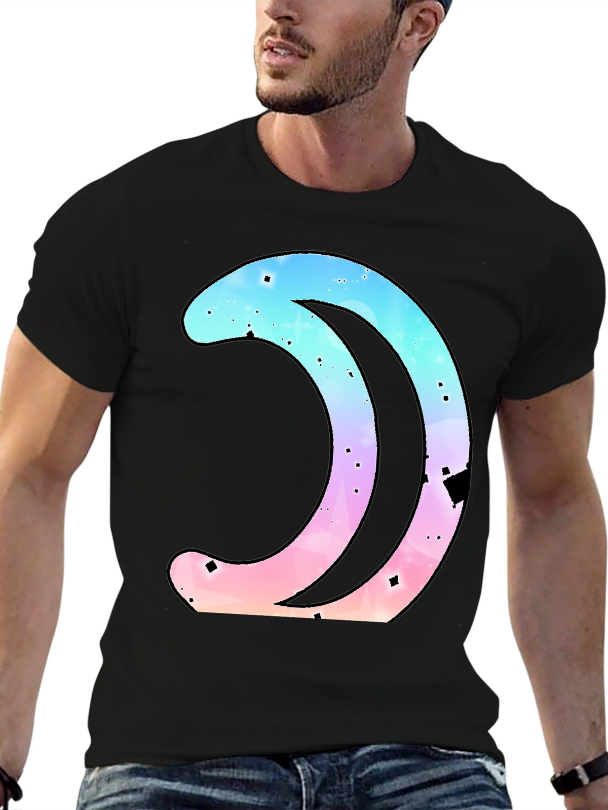 Galaxy Crescent Moon Graphic Black T-Shirt